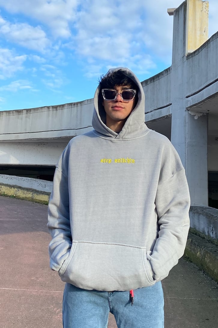 Stop Snitchin Nakış İşlemeli Oversize Premium Gri Hoodie