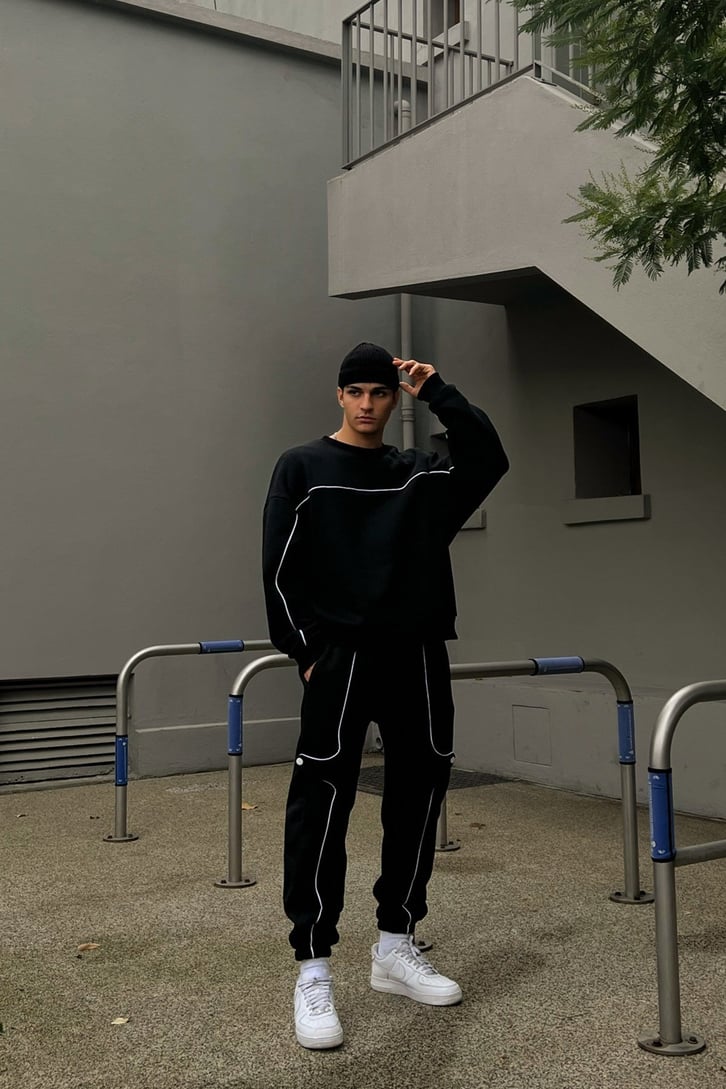Striped Detail Siyah Jogger Eşofman Altı