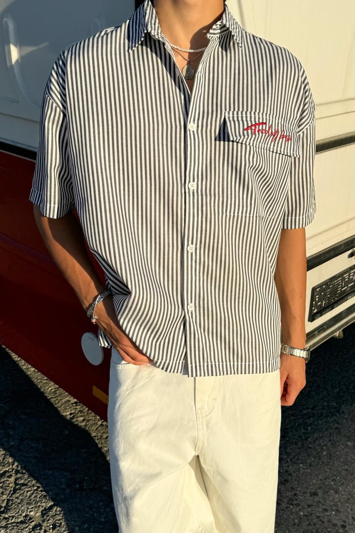 Striped Signature Kısa Kol Oversize Gömlek