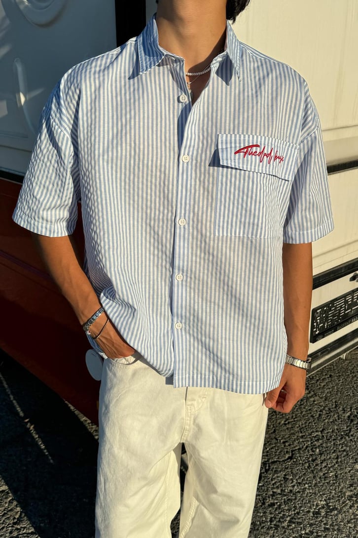 Striped Signature Kısa Kol Oversize Gömlek