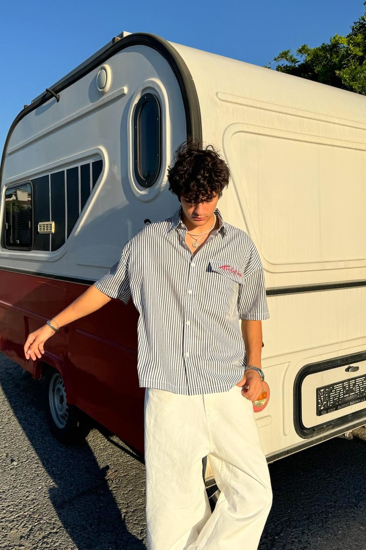 Striped Signature Kısa Kol Oversize Gömlek
