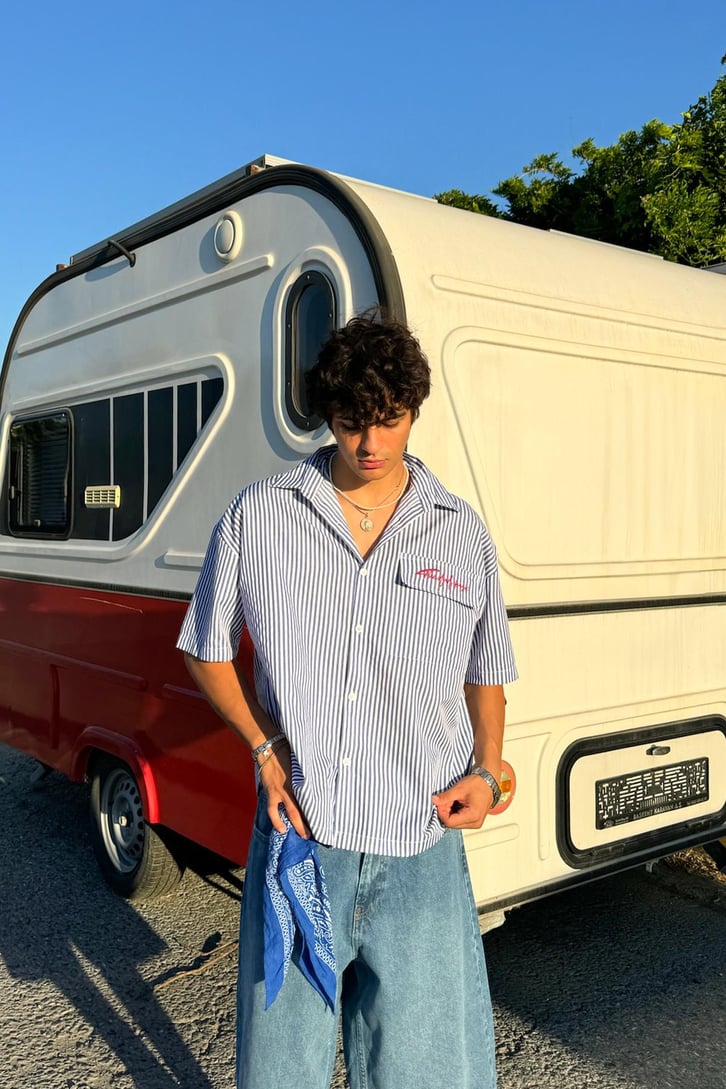 Striped Signature Kısa Kol Oversize Gömlek
