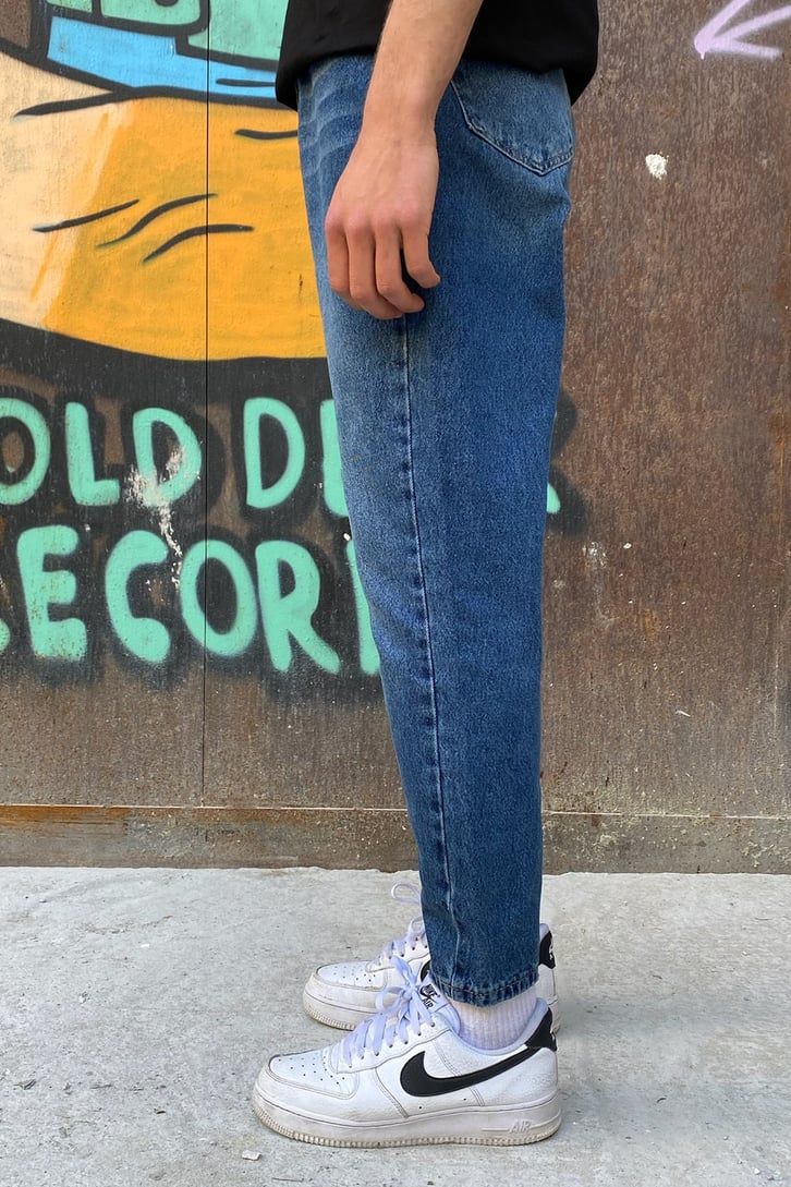 Striped Taşlamalı Koyu Mavi Detaylı Mom Jean