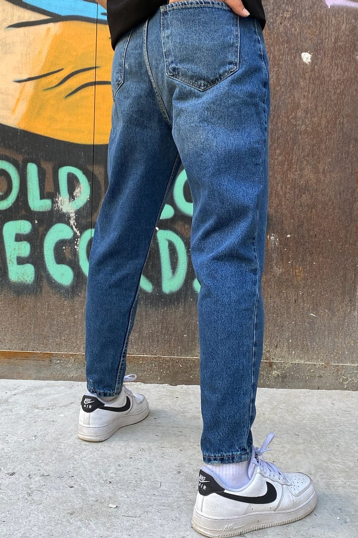 Striped Taşlamalı Koyu Mavi Detaylı Mom Jean