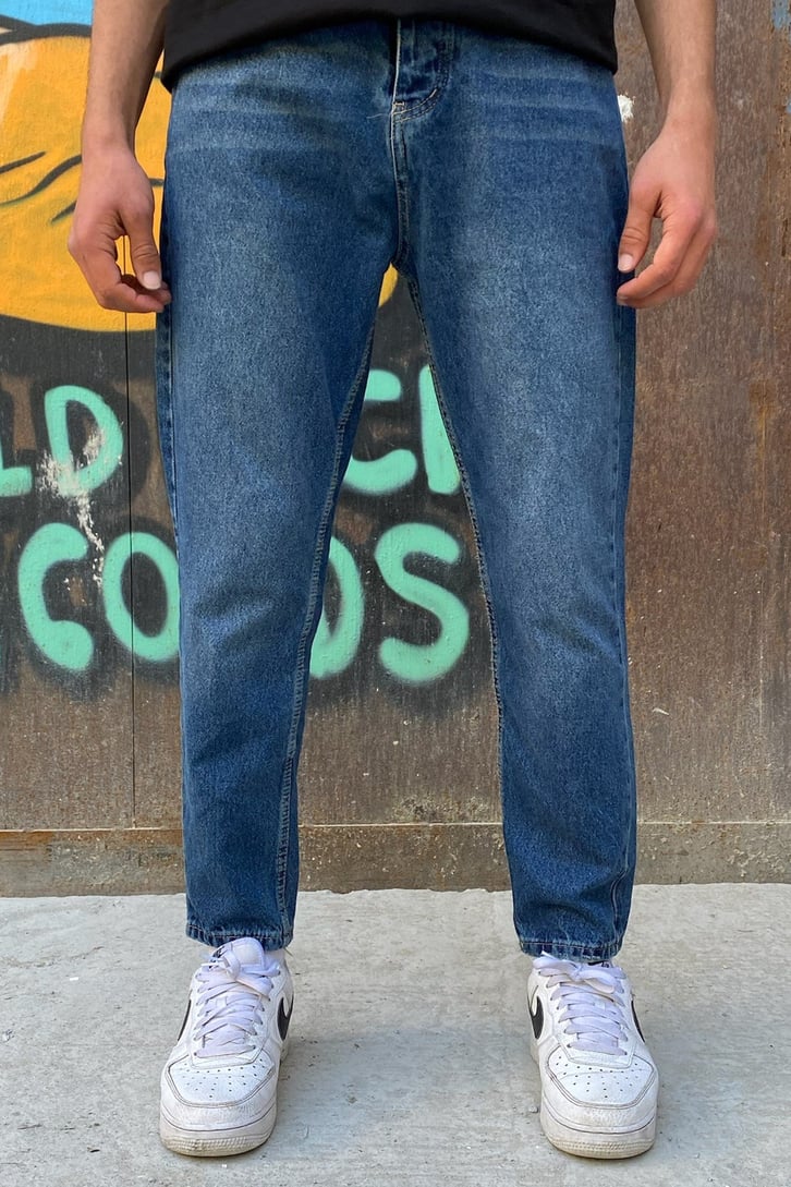 Striped Taşlamalı Koyu Mavi Detaylı Mom Jean
