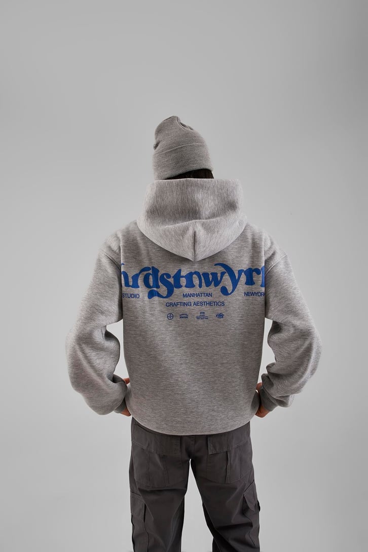 Studio Baskılı Gri Melanj Oversize Hoodie