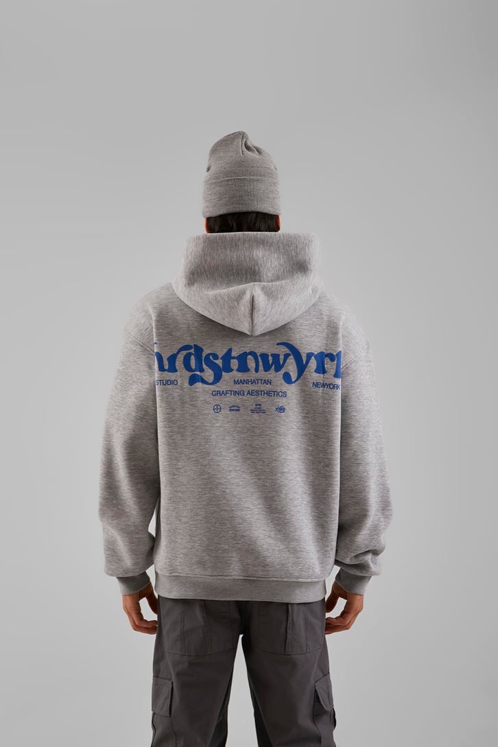 Studio Baskılı Gri Melanj Oversize Hoodie