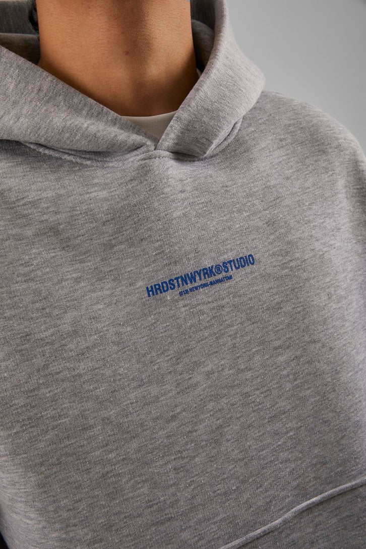Studio Baskılı Gri Melanj Oversize Hoodie
