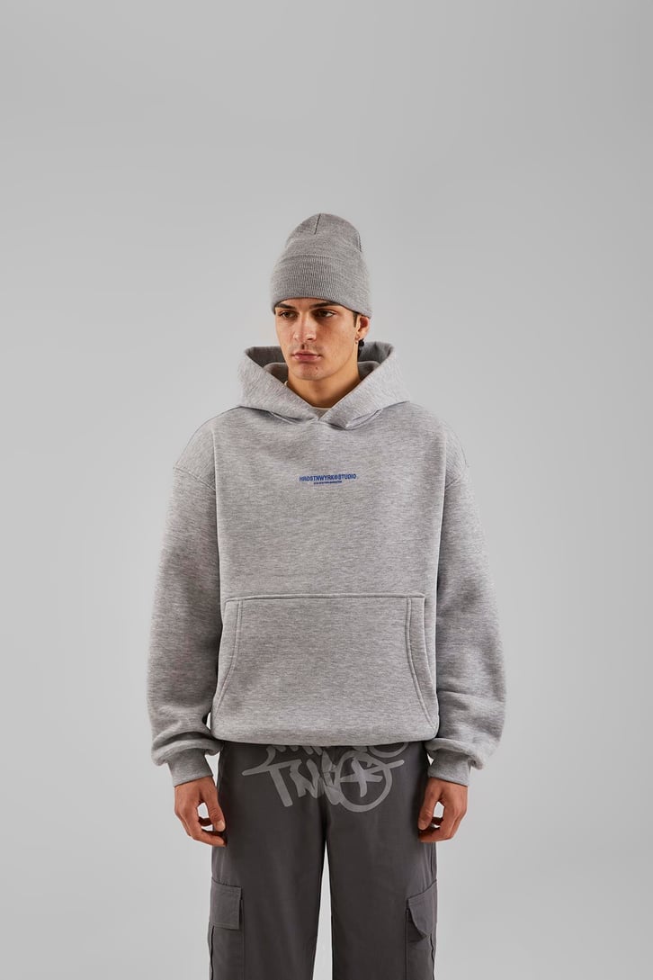 Studio Baskılı Gri Melanj Oversize Hoodie