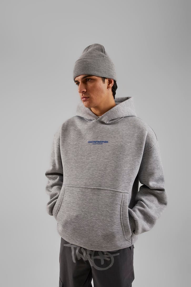 Studio Baskılı Gri Melanj Oversize Hoodie
