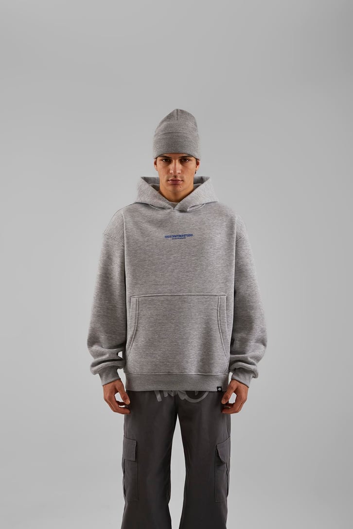 Studio Baskılı Gri Melanj Oversize Hoodie