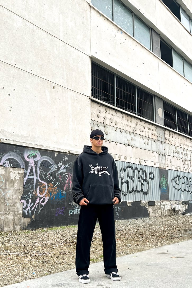 Sufgang Nakışlı Füme Oversize Hoodie