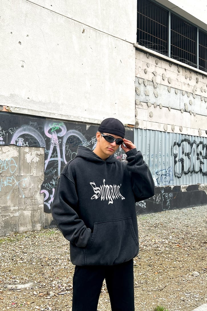 Sufgang Nakışlı Füme Oversize Hoodie