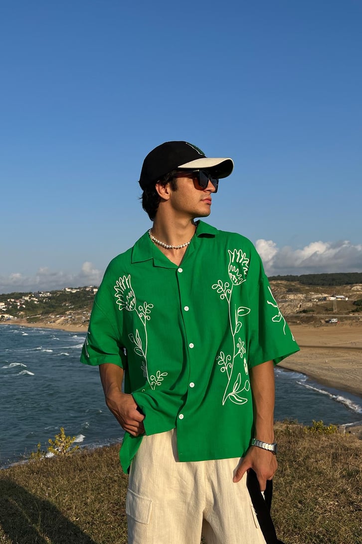Summer Fiore Nakışlı Keten Kısa Kol Oversize