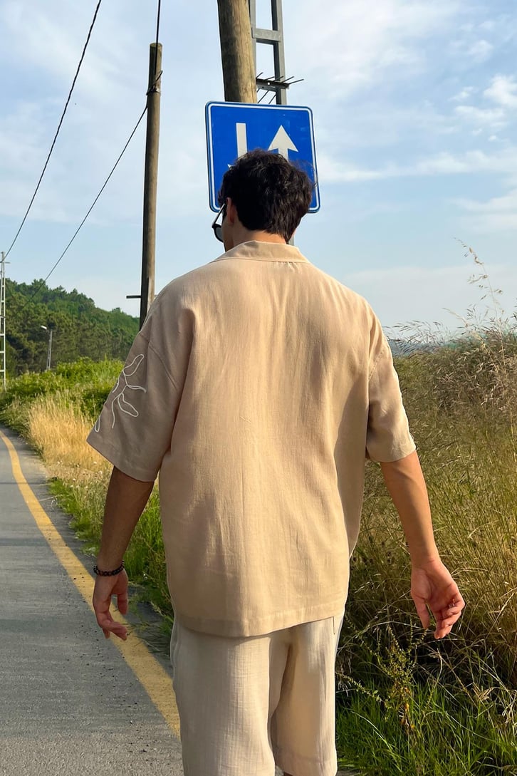 Summer Fiore Nakışlı Keten Kısa Kol Oversize