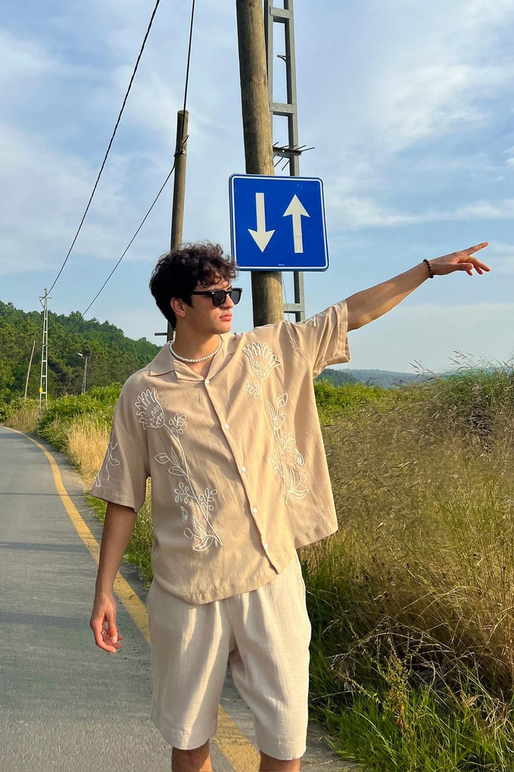 Summer Fiore Nakışlı Keten Kısa Kol Oversize