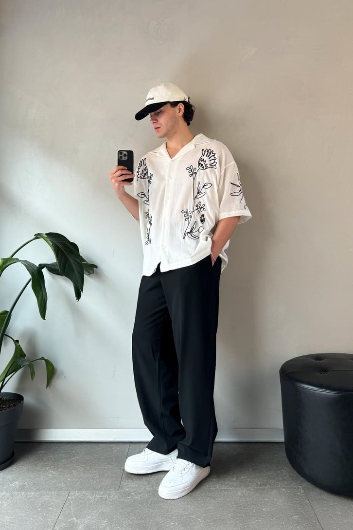 Summer Fiore Nakışlı Keten Kısa Kol Oversize