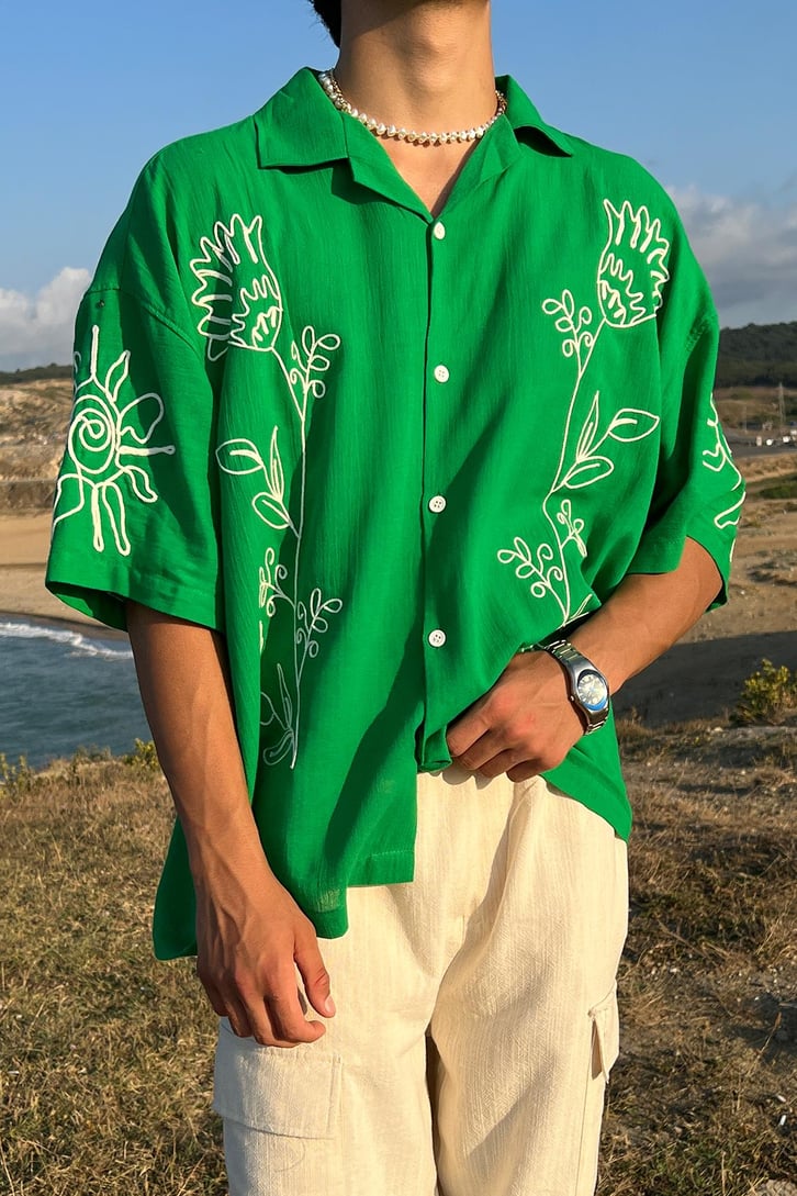 Summer Fiore Nakışlı Keten Kısa Kol Oversize