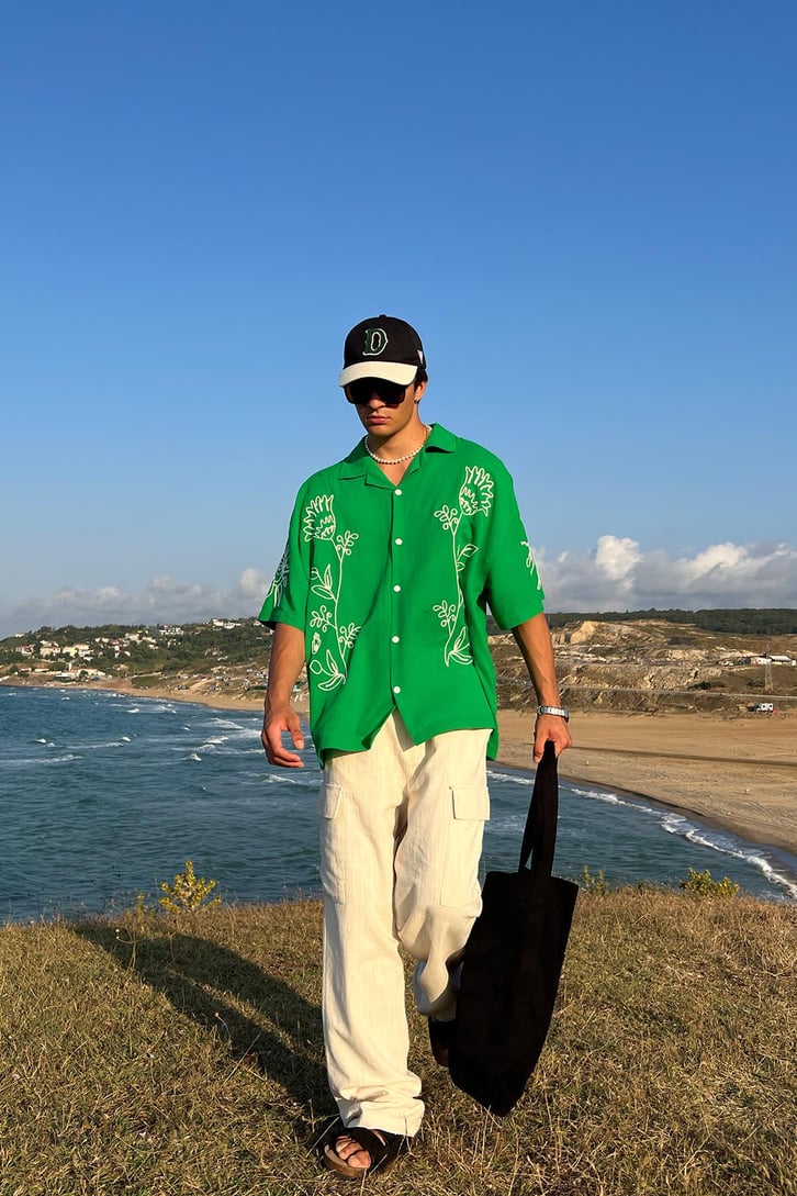 Summer Fiore Nakışlı Keten Kısa Kol Oversize
