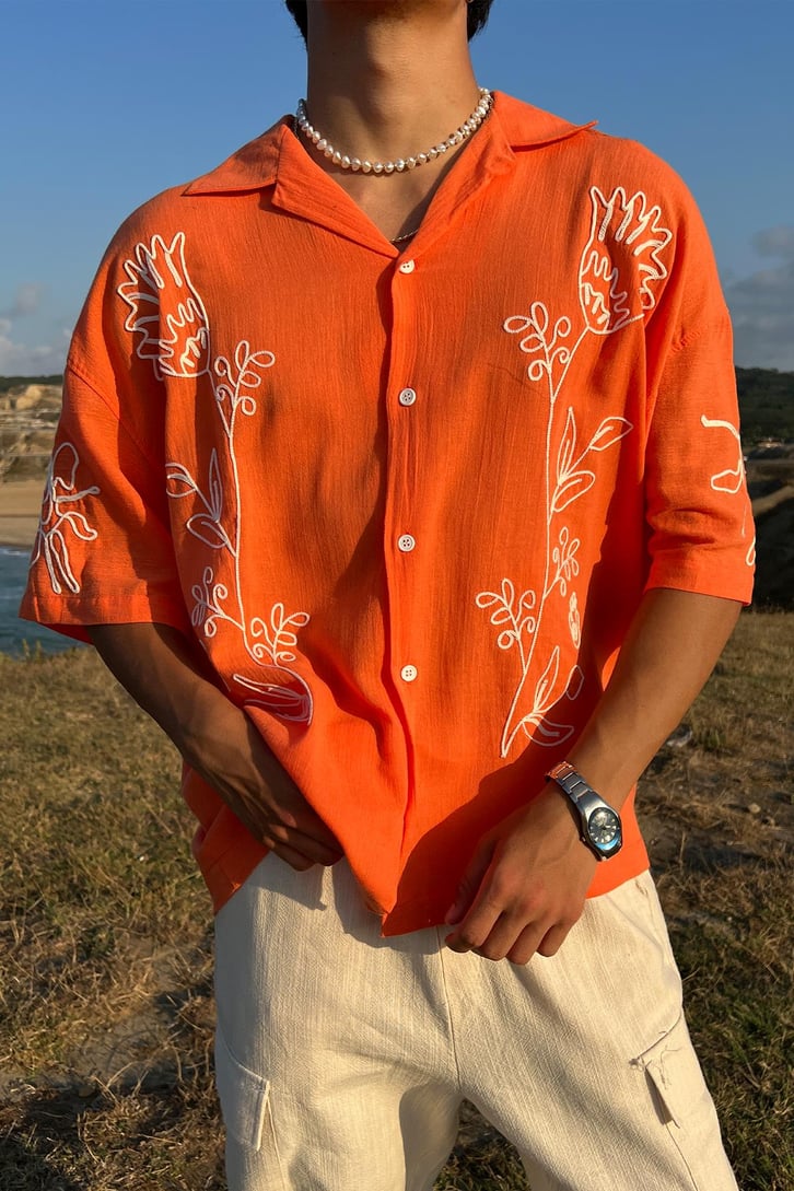 Summer Fiore Nakışlı Keten Kısa Kol Oversize