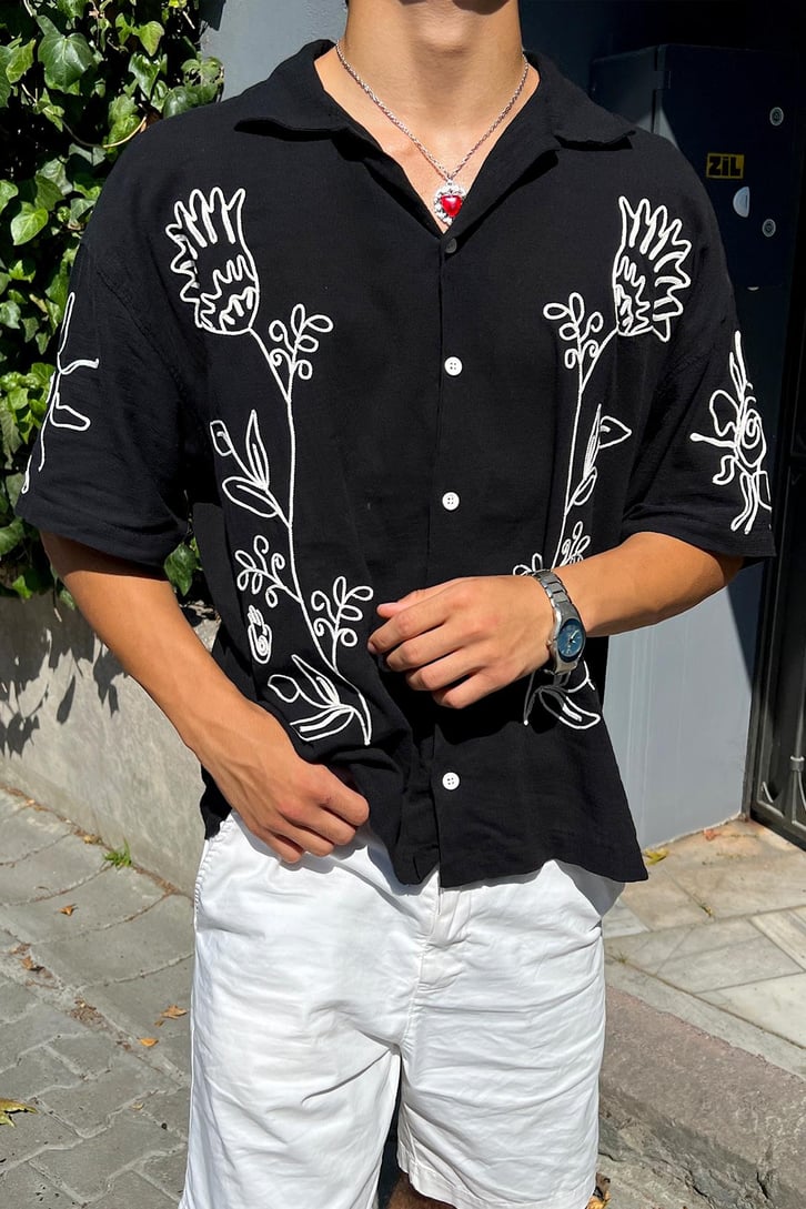 Summer Fiore Nakışlı Keten Kısa Kol Oversize