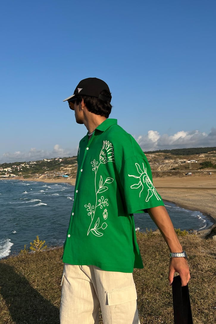Summer Fiore Nakışlı Keten Kısa Kol Oversize