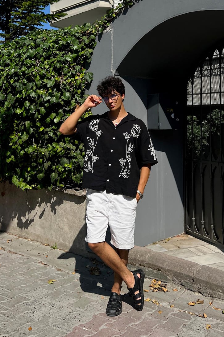 Summer Fiore Nakışlı Keten Kısa Kol Oversize