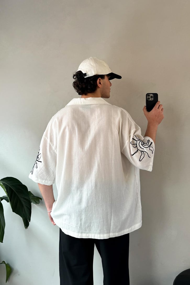 Summer Fiore Nakışlı Keten Kısa Kol Oversize