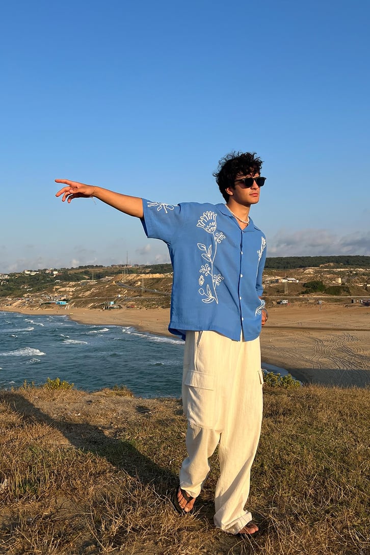 Summer Fiore Nakışlı Keten Kısa Kol Oversize