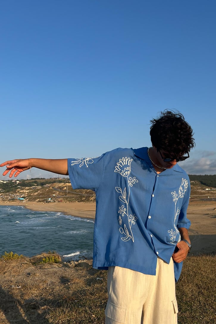 Summer Fiore Nakışlı Keten Kısa Kol Oversize
