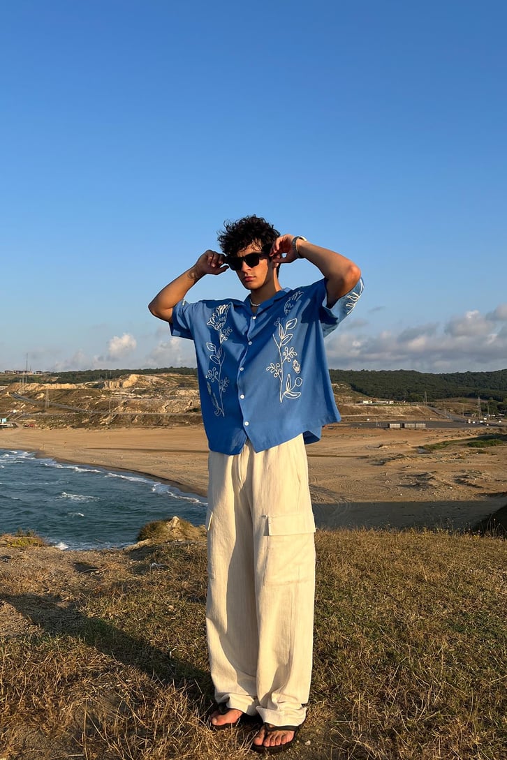 Summer Fiore Nakışlı Keten Kısa Kol Oversize
