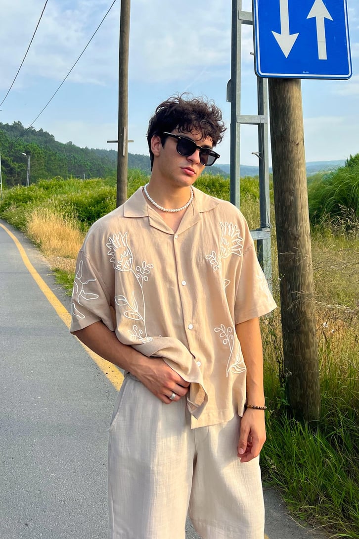 Summer Fiore Nakışlı Keten Kısa Kol Oversize
