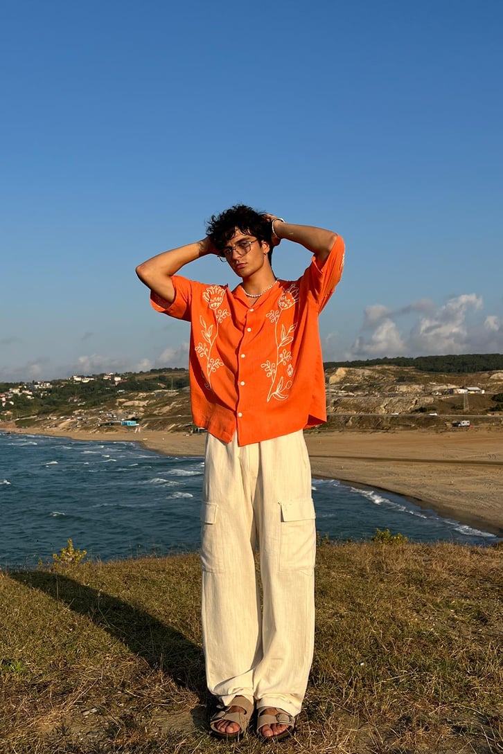 Summer Fiore Nakışlı Keten Kısa Kol Oversize