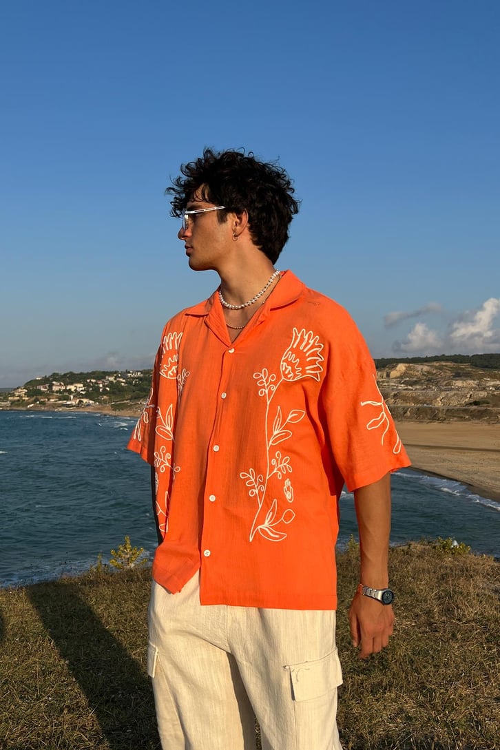 Summer Fiore Nakışlı Keten Kısa Kol Oversize