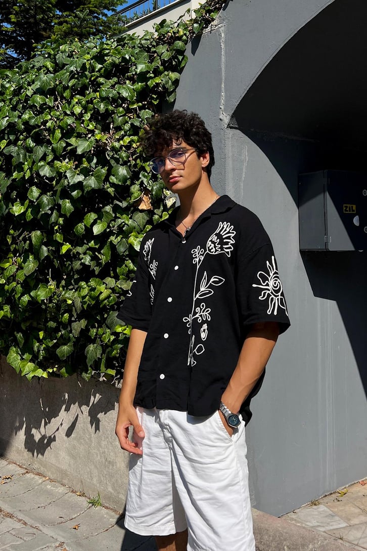 Summer Fiore Nakışlı Keten Kısa Kol Oversize