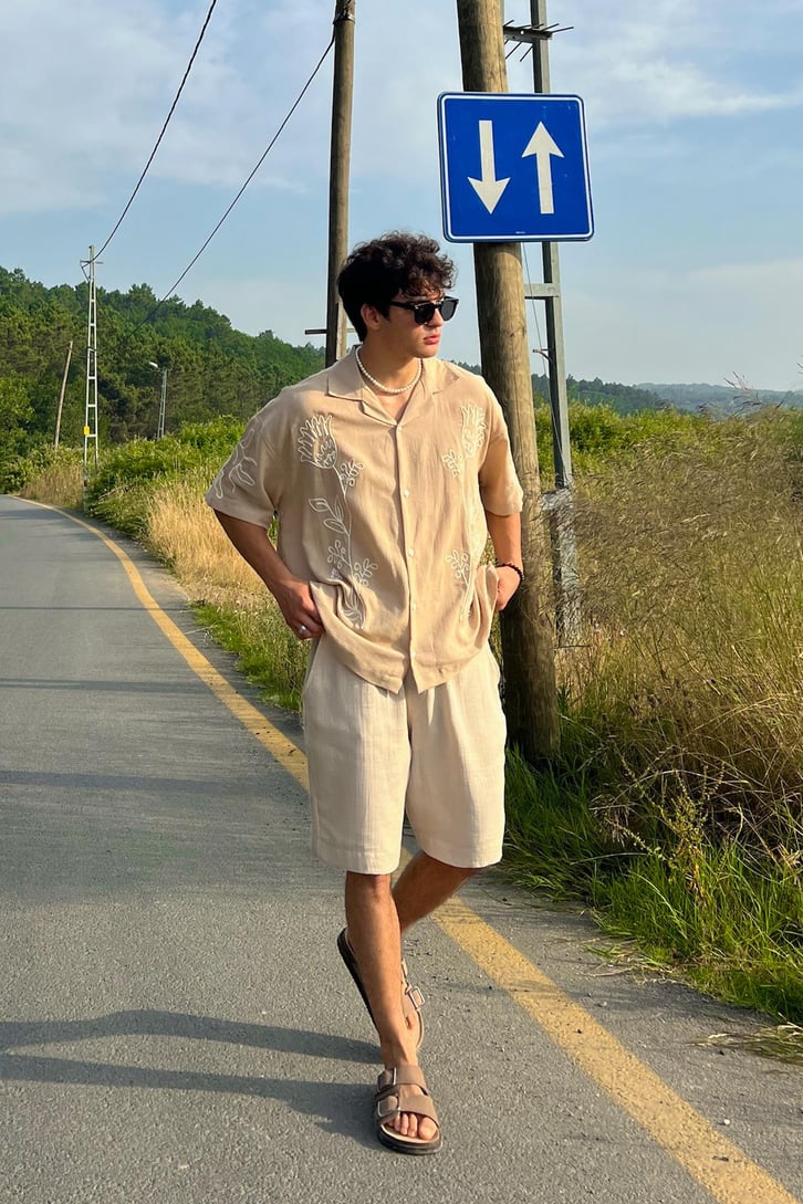 Summer Fiore Nakışlı Keten Kısa Kol Oversize