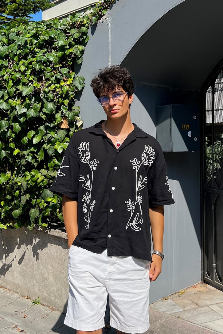 Summer Fiore Nakışlı Keten Kısa Kol Oversize