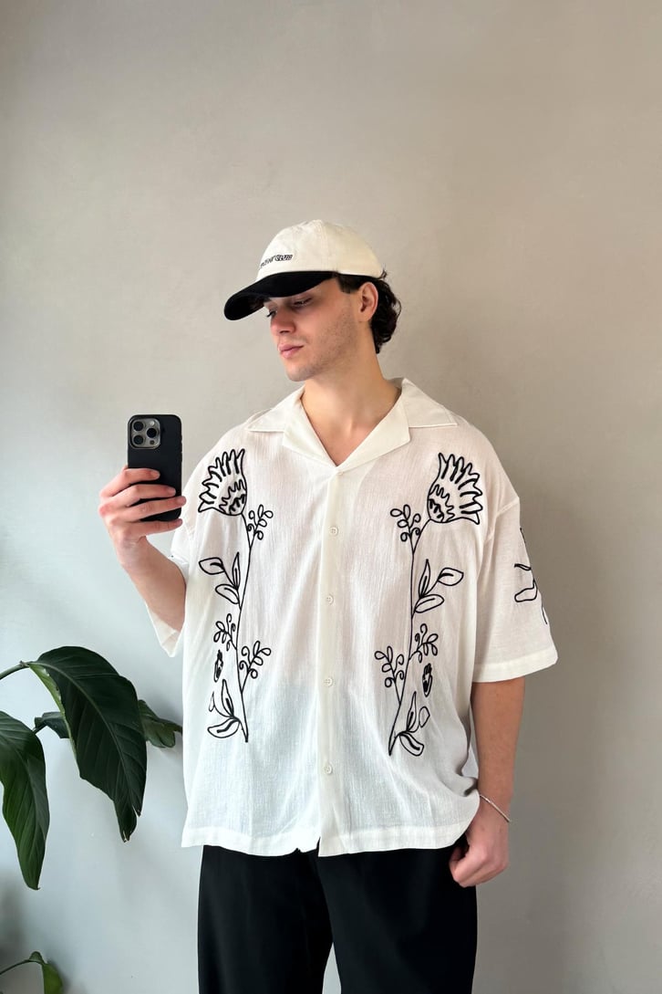 Summer Fiore Nakışlı Keten Kısa Kol Oversize