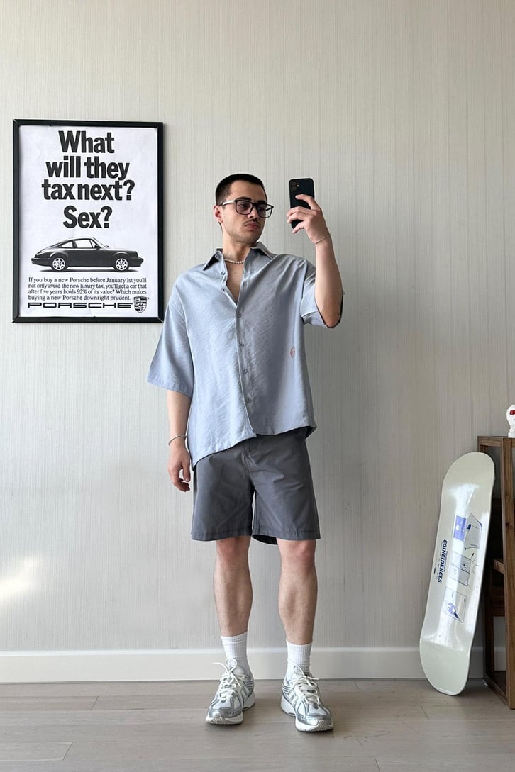 Summer Wind Nakışlı Buz Gri Kısa Kol Oversize Gömlek