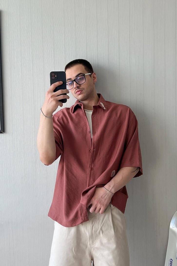 Summer Wind Nakışlı Kahverengi Kısa Kol Oversize Gömlek