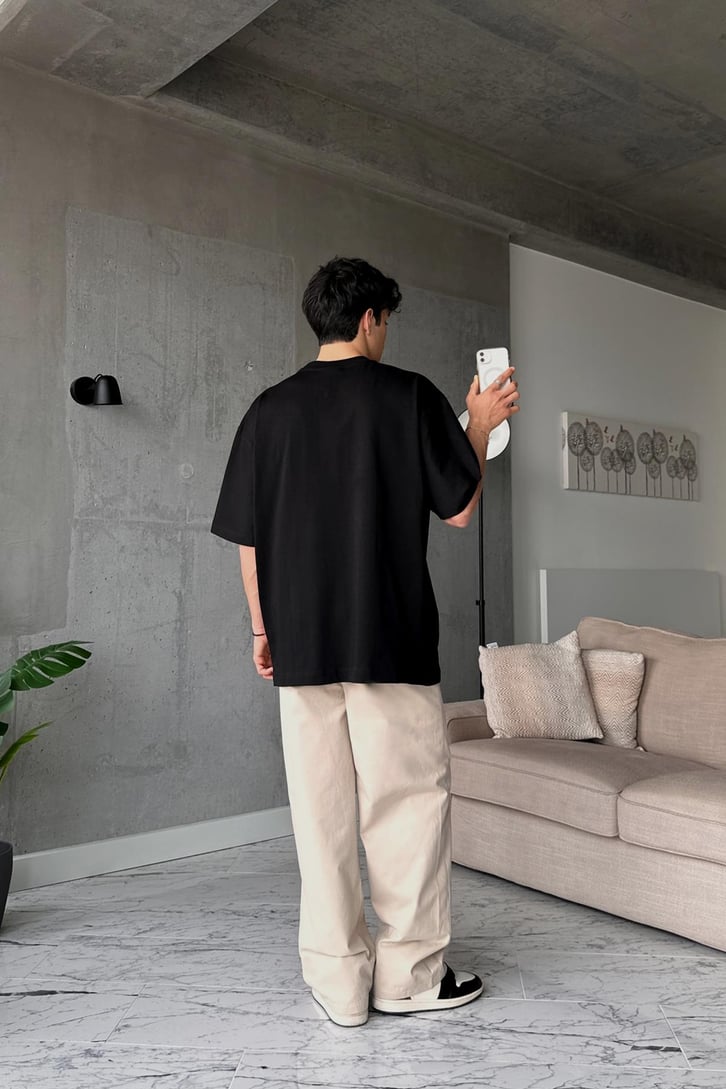 Sun Baskılı Siyah Oversize Tişört