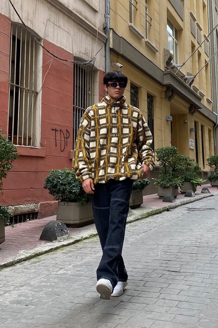 Suni Yün Semi Zip-Up Oversize Ekoseli Sweatshirt