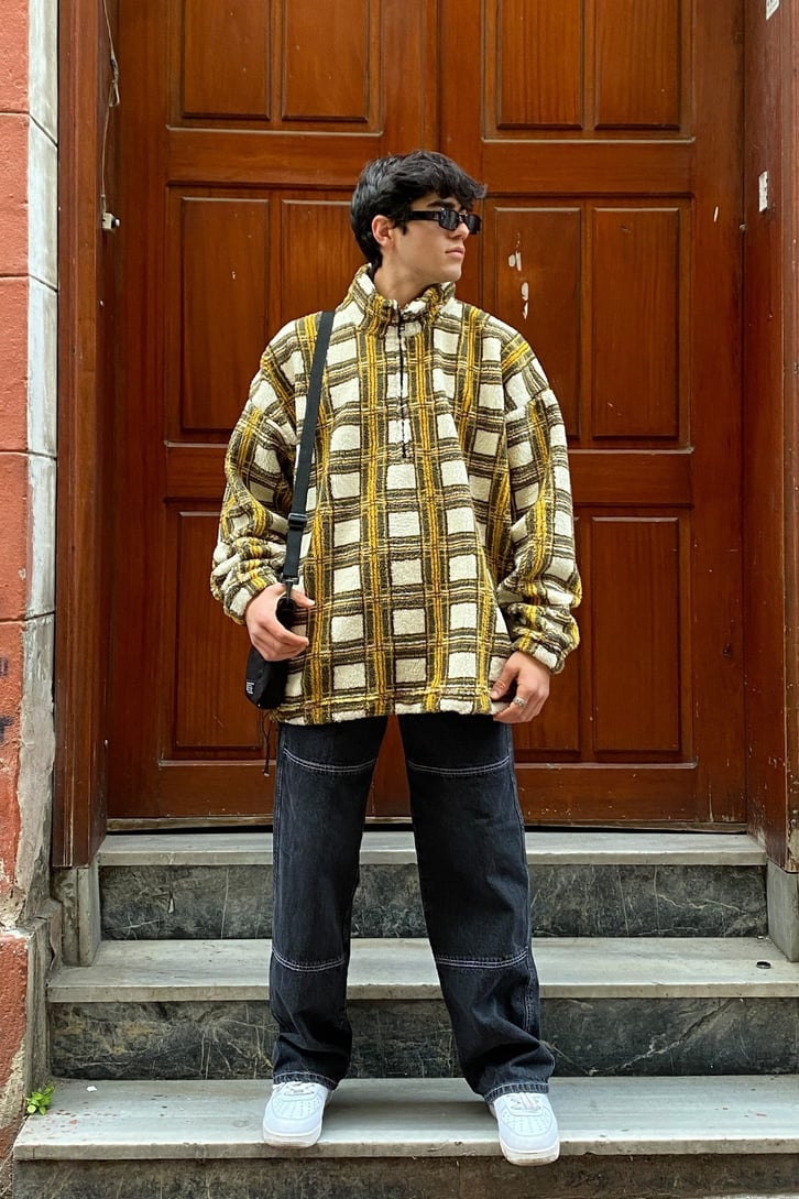 Suni Yün Semi Zip-Up Oversize Ekoseli Sweatshirt