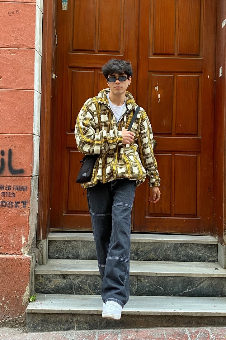 Suni Yün Semi Zip-Up Oversize Ekoseli Sweatshirt