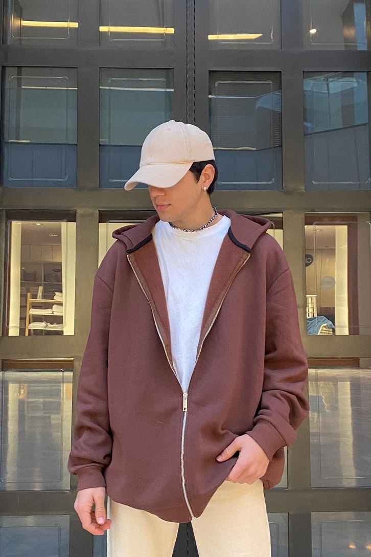 Super Oversize Zip-Up Basic Premium Brown Hoodie