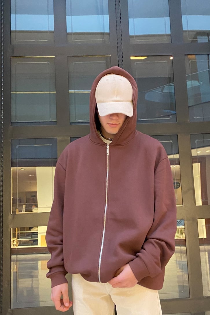 Super Oversize Zip-Up Basic Premium Brown Hoodie