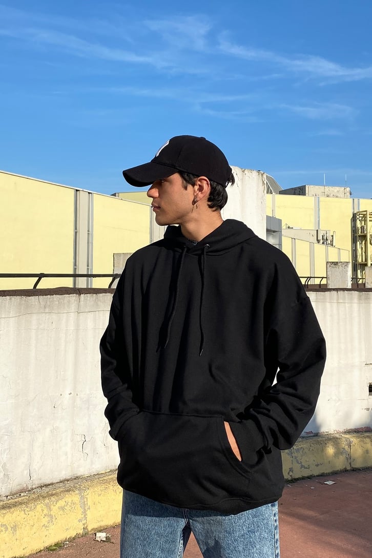 Super Real Oversize Back Printed Siyah Hoodie