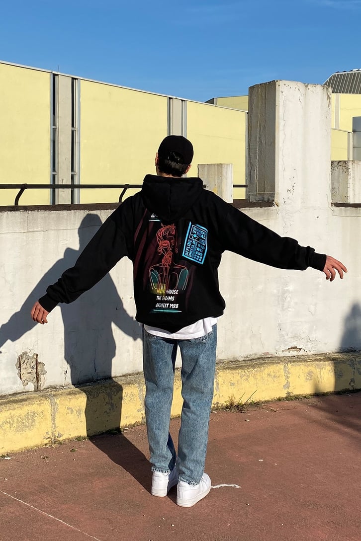 Super Real Oversize Back Printed Siyah Hoodie
