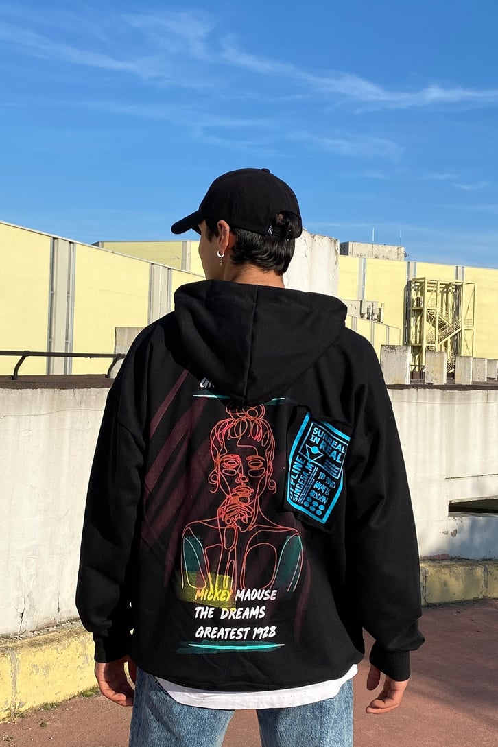 Super Real Oversize Back Printed Siyah Hoodie