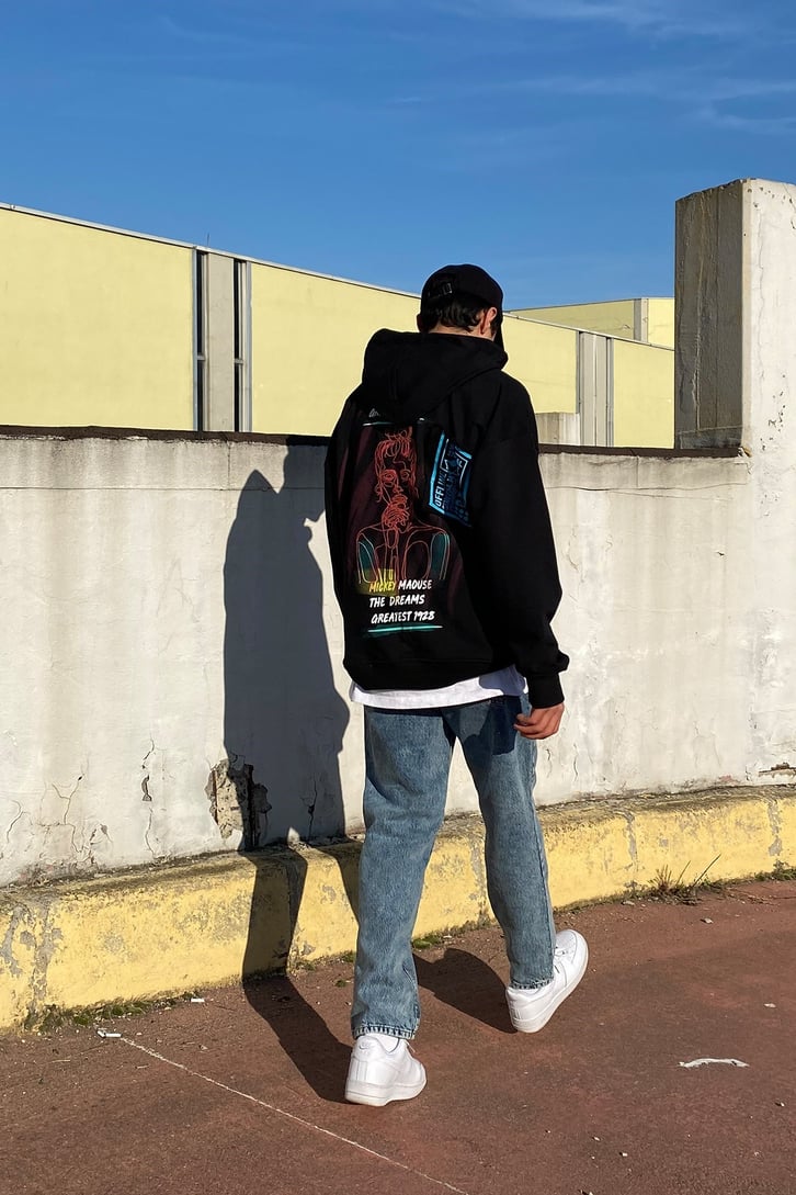 Super Real Oversize Back Printed Siyah Hoodie